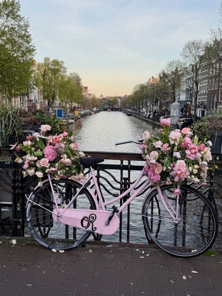 A pink bicycle covered in pink flowers on a bridge over a canal