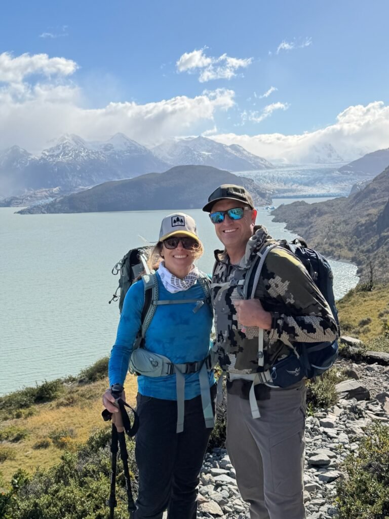 The Baders hiking near a lake in Patagonia
