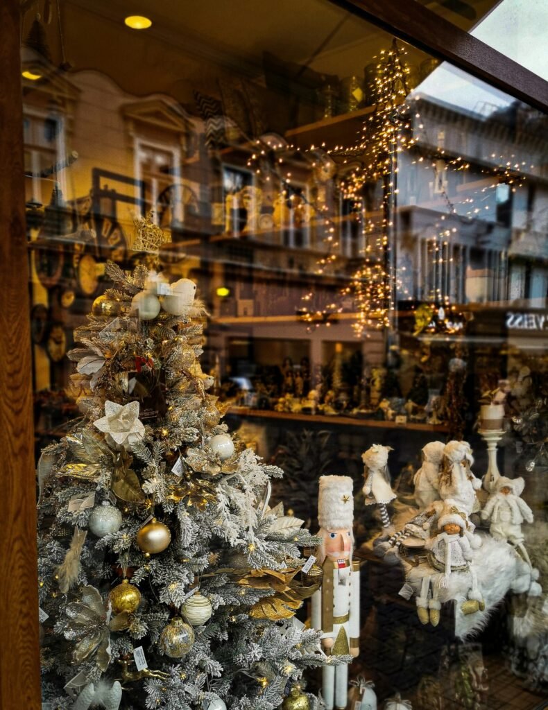 christmas decorations on display behind a shop window