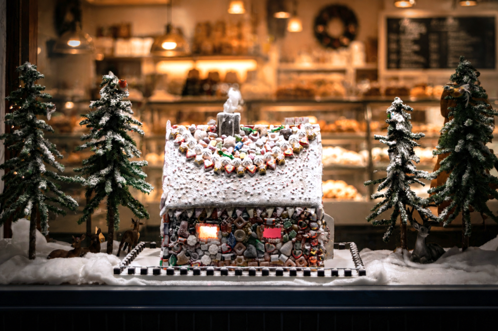a beautiful gingerbread house on display in a christmas market